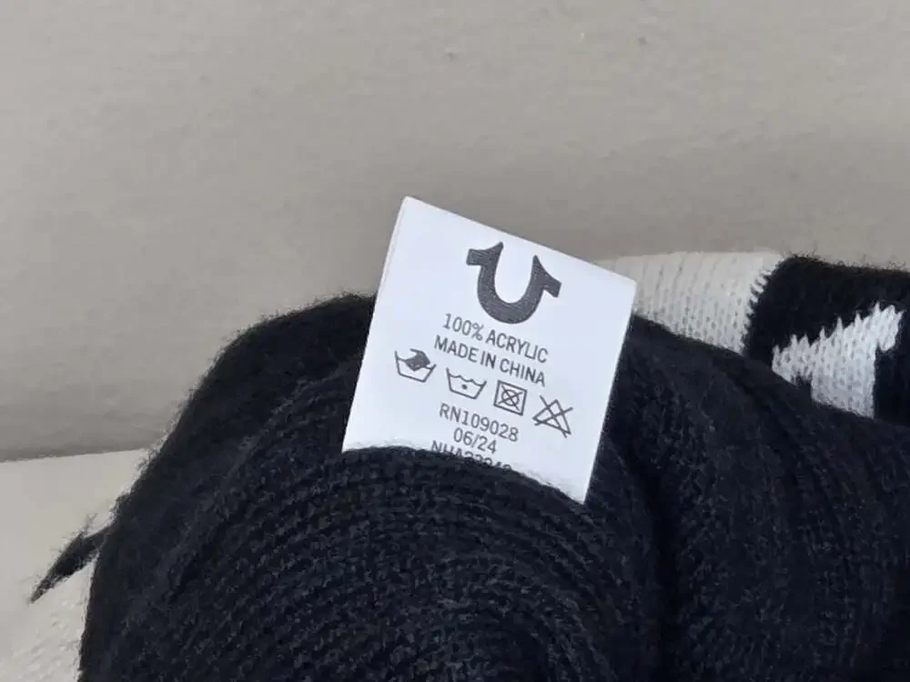 True Religion Black and White Checkerboard Logo Cuffed Beanie Knit Cap